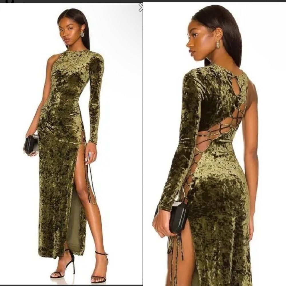 Camila Coelho Revolve Gabriel Maxi Olive Green crushed velvet lace up dress S - Picture 1 of 16